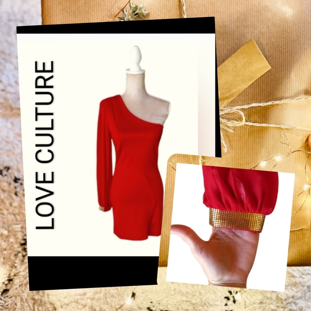 🆕LOVE CULTURE| SIREN RED COLD SHOULDER  DRESS W GOLD SEQUENCED CUFF SIZE LARGE